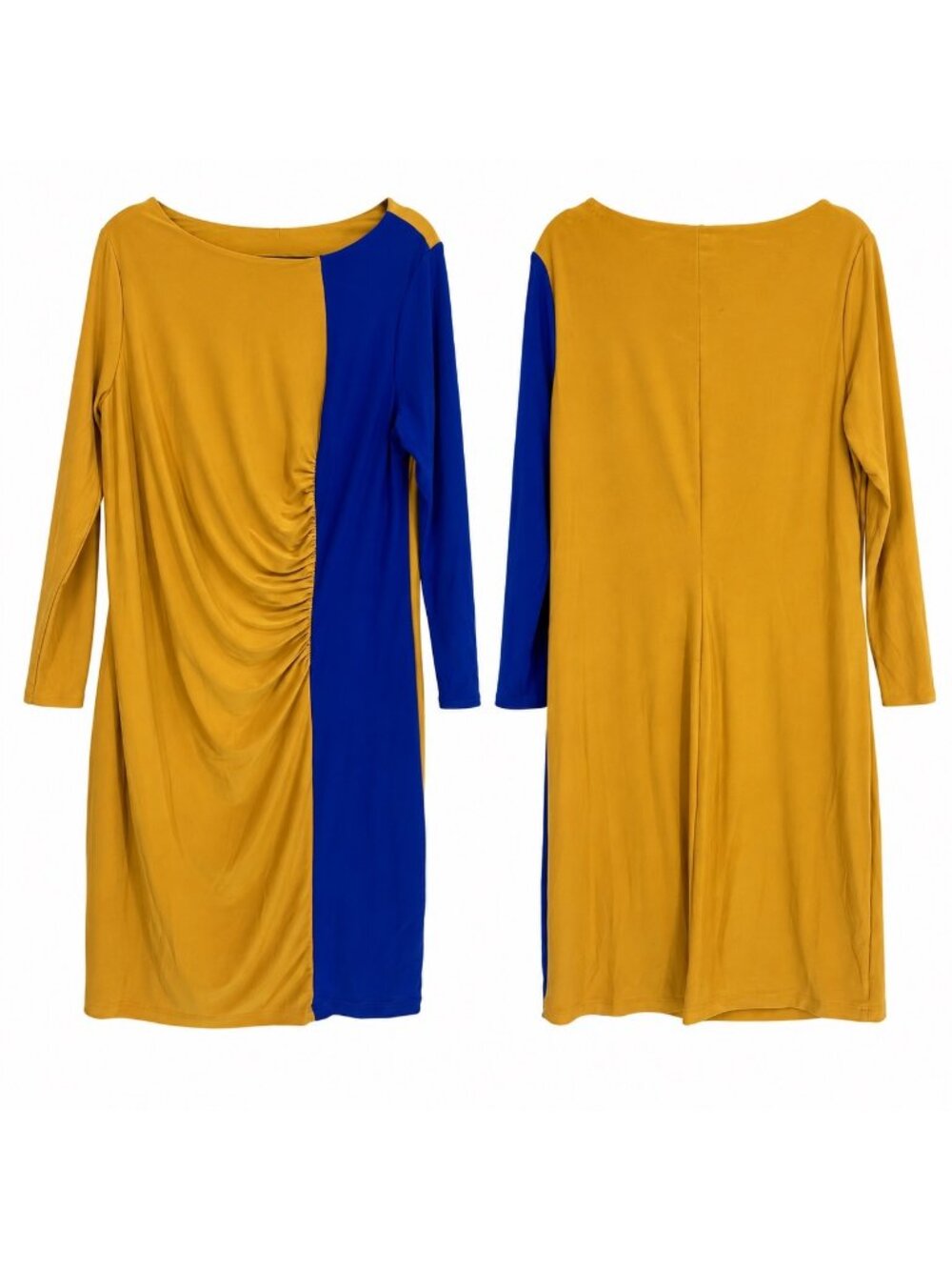 Kasper Dress Women's Plus 1X Gold Royal Blue Colorblock Sheath Ruched Office